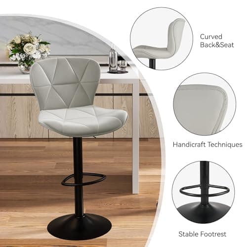 Adjustable Swivel Bar Stool Set of 4 in Light Grey Faux Leather