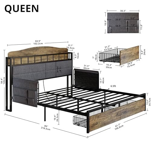 Multifunctional Queen Bed Frame with Guardrail, Bedside Caddy, and Charging Station