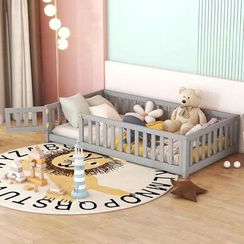 DNYN Full Size Montessori Floor Bed for Kids, Natural Wood & Space Saving Design