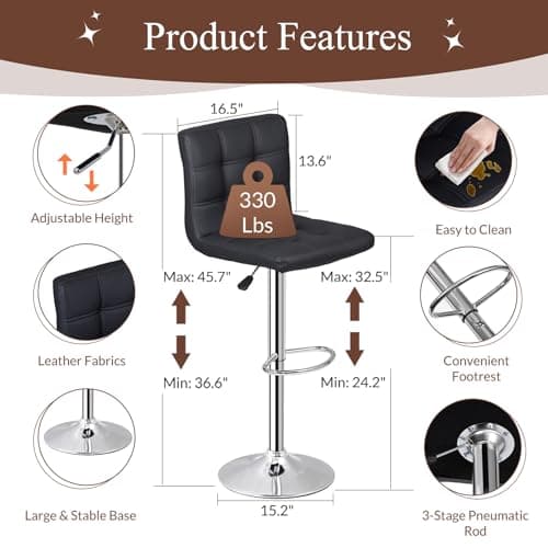 ZENY Black Swivel Bar Stool Set, Modern PU Leather Kitchen Chair