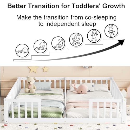 Montessori Wooden Floor Bed for 2 Kids, White Fence RailINGS, Box Spring Needed