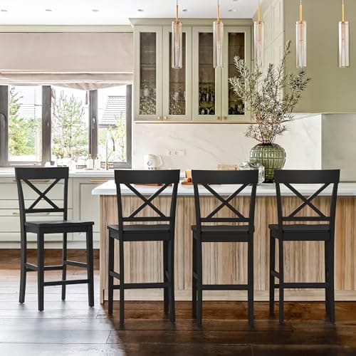 24" Black X-Back Wooden Counter Stools with Footrest for Kitchen Island