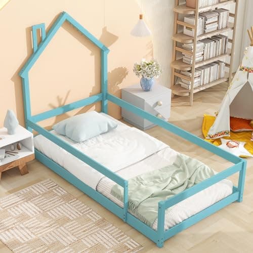 Montessori Twin Floor Bed for Kids with Roof & Guardrails, Pink