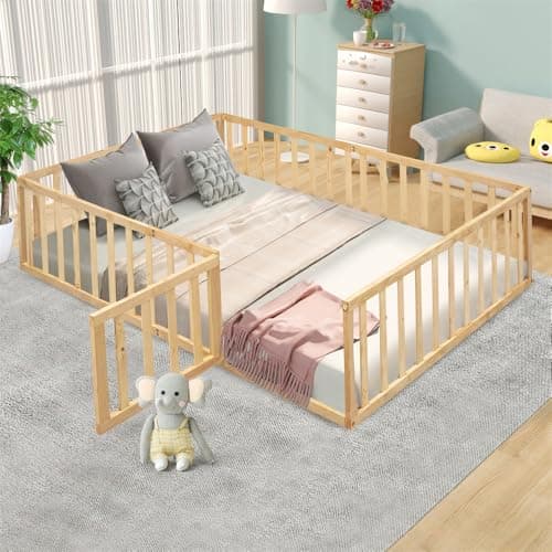 Montessori Floor Bed for Kids, Queen Size with Fence & Door - Walnut
