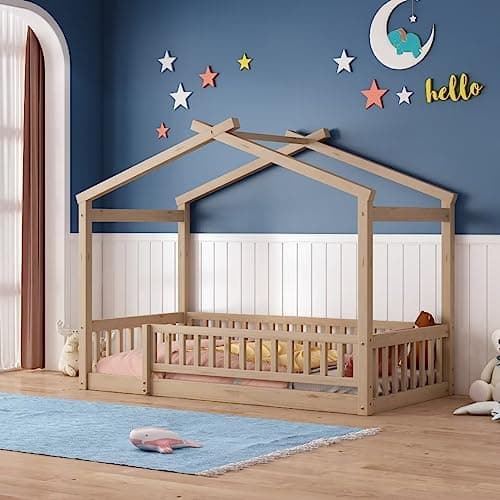 i-POOK Twin Size Montessori Bed Playhouse with Fence and Roof for Kids