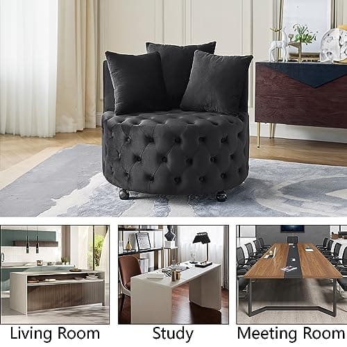 Modern Velvet Swivel Barrel Chair with 3 Pillows, 4 Wheels and 360 Degree Swivel