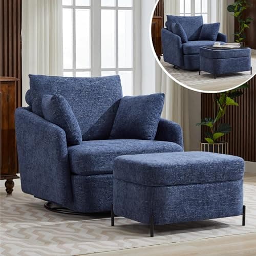 Oversized Green Chenille Swivel Chair with Ottoman