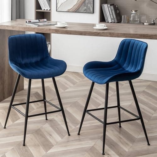 Modern Velvet Bar Stools, Grey with Black Legs, Set of 2 for Kitchen Island.