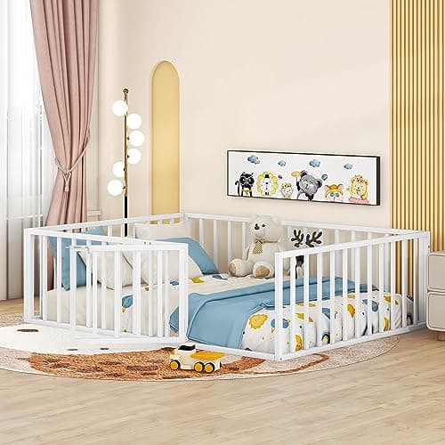Full Size Metal Fence Bed with Door, Versatile Montessori, No Box Spring Needed, Easy Install, White