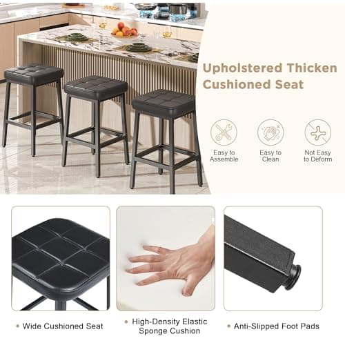 VECELO Modern 24" PU Leather Bar Stools, Black, Counter Height Set of 2