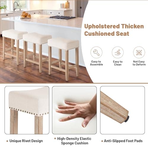 Furniliving Beige Upholstered Bar Stools Set of 2, 25.7 Inch Counter Height