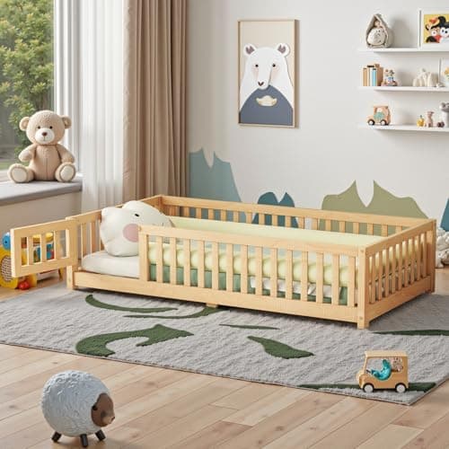 Montessori Twin Bed with Safety Guards and Convertible Door (Grey)