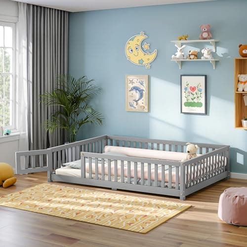 Montessori Twin Bed with Safety Guards and Convertible Door (Grey)