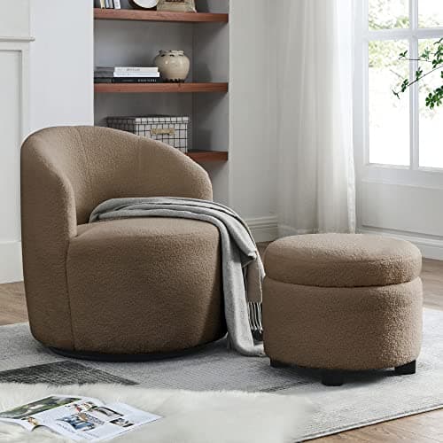 Swivel Barrel Chair with Storage Ottoman in White
