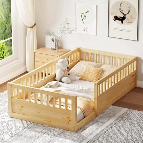 Montessori Wooden Floor Bed for 2 Kids, White Fence RailINGS, Box Spring Needed