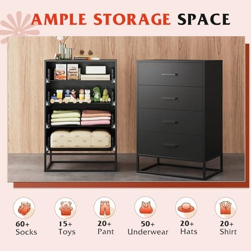 Black Sturdy WLIVE Wood Dresser with 4 Drawers for Bedroom, Hallway, Living Room, Closet