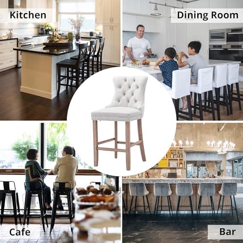Set of 2 i-POOK Velvet Bar Stools with Button Tufting and Solid Wood Legs, White