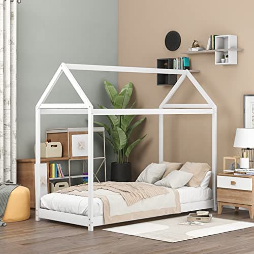 i-POOK White Twin Size Wooden House Bed with Roof