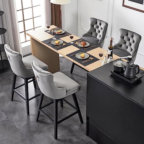 Premium Velvet Upholstered 360 Swivel Bar Stools, Counter Height, Grey, Solid Wood Legs, 30" Seat (Set of 4)