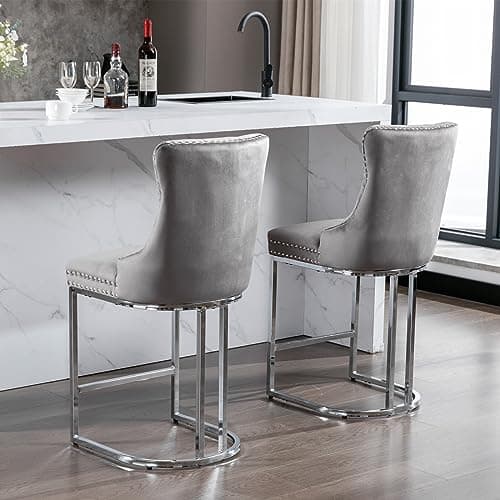 i-POOK Set of 2 Velvet Bar Stools with Metal Legs, High Back Design for Kitchen Island or Pub, Gray