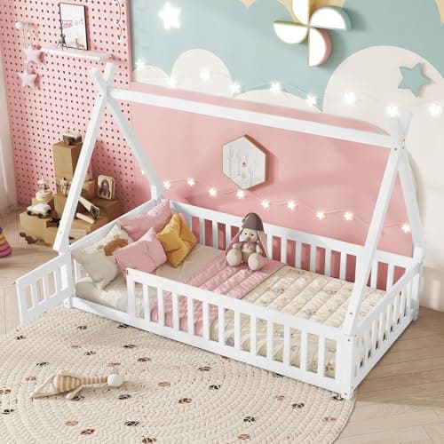 Montessori White Tent-Shaped Floor Bed for Kids with Slats and Guardrails