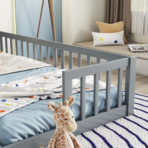 Montessori Floor Bed for Girls & Boys, Twin Size Safety Frame, Grey
