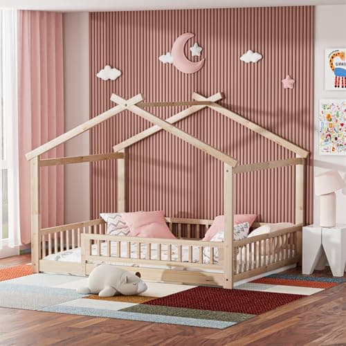 White Wooden Fence Twin Bed with Slats Support for Kids Bedroom