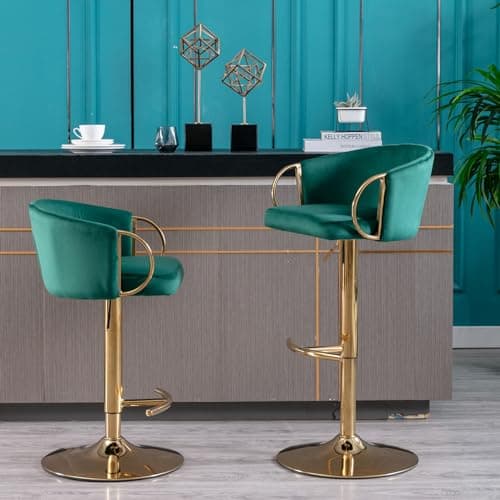Velvet Counter Height Bar Stools Set of 2 with Chrome Footrest and Gold Base, Swivel Adjustable for Kitchen Island, Pub, Dining Room - Green