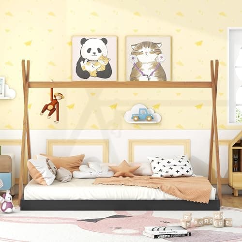 Montessori Style Black & Brown Wood Teepee Bed for Kids Box Spring Required