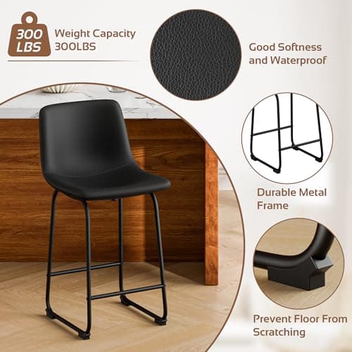 Black Modern 26 Inch Counter Height Bar Stool Set with Faux Leather and Footrest