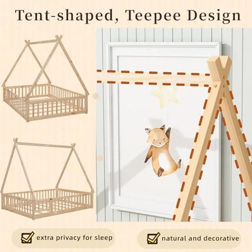 Montessori Full Size Wood Teepee Floor Bed with Slats and Guardrails