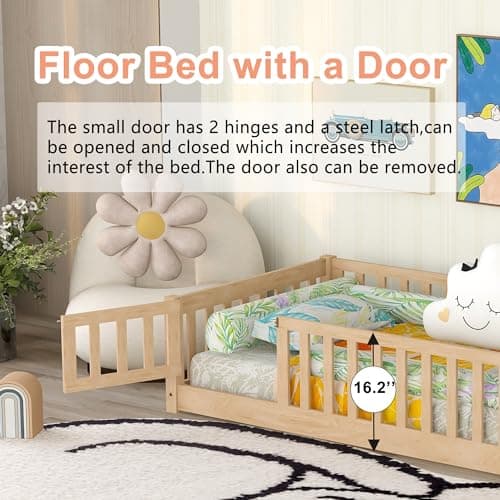Bellemave Twin Size Floor Bed with Door & Safety Guardrails for Kids