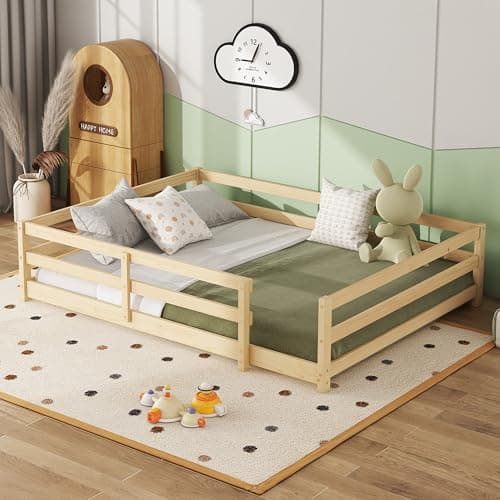 Full Size Wood Floor Bed Frame with Fence - Natural