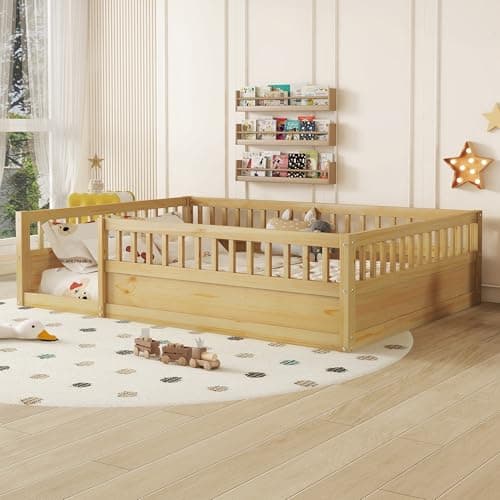 Full Size Montessori Floor Bed with High Fence, Natural Wood for Kids