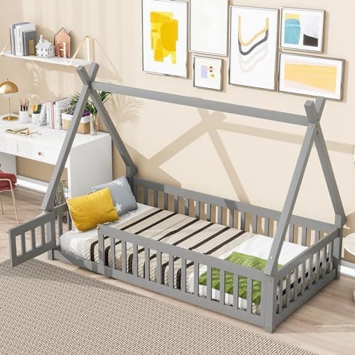 Montessori Floor Bed for Kids with Guardrails, Twin Size, Tent-Shaped Grey Frame