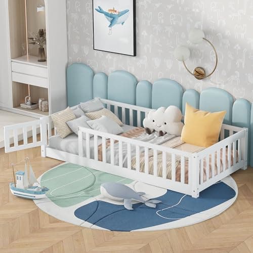 Bellemave Twin Size Floor Bed with Door & Safety Guardrails for Kids