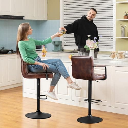 Furniliving Dark Brown Swivel Bar Stool Set, Adjustable Kitchen Counter Height