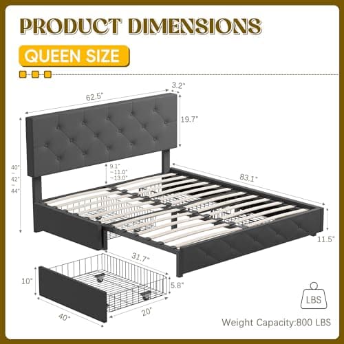 Queen Bed Frame with Headboard Storage Drawers, Mattress Foundation, Grey
