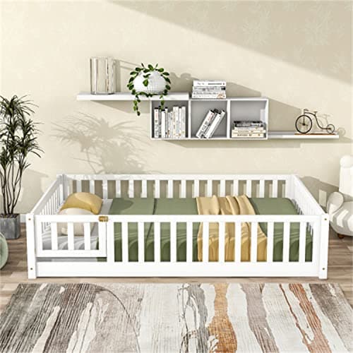 Full Size Montessori Floor Bed for Children, Solid Wood Frame with Safety Guardrails, White
