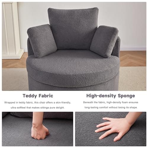 Modern Grey Swivel Chair with Half Moon Storage Ottoman & 3 Pillows for Living Room