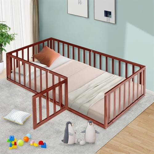 Montessori Floor Bed for Kids, Queen Size with Fence & Door - Walnut
