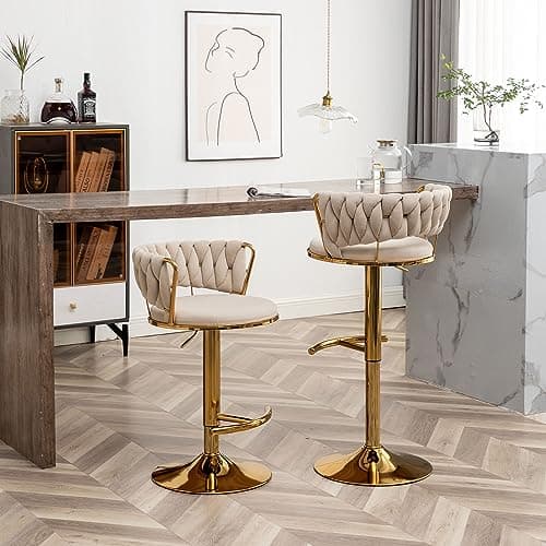 Gold Swivel Bar Stool Set, Beige, Counter Height (2pcs)