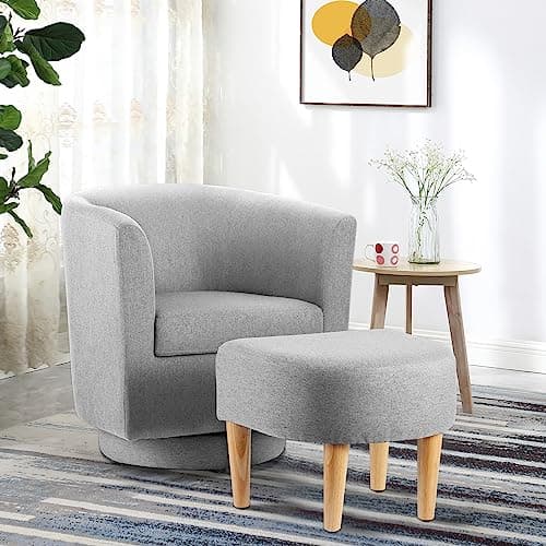 Beige 360 Degree Swivel Accent Chair with Ottoman for Living Room and Bedroom