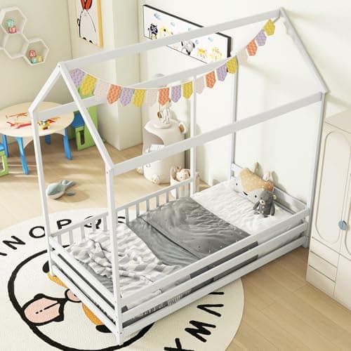 KOMFOTT White Wooden Twin Bed with Safety Guardrail & Roof for Kids