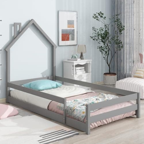 Montessori Twin Floor Bed with House-Shaped Headboard and Fence Guardrails
