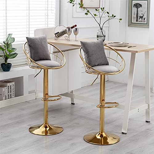 Swivel Bar Stools Set of 2 with Adjustable Height, Pillow, Back, Footrest - Grey Velvet Counter Height Bar Chairs