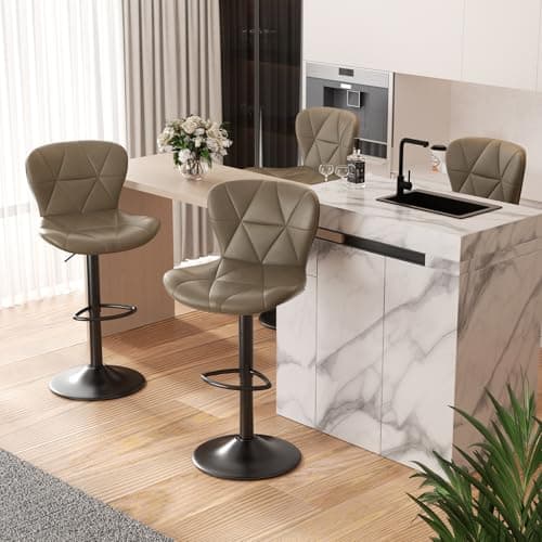 Dark Grey Adjustable Faux Leather Bar Stools, Counter Height Swivel Chairs with Back for Kitchen Island