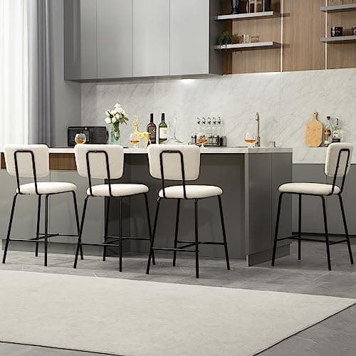 Modern White Bouclé Fabric Bar Stool Set - Counter Height Chairs for Kitchen Island