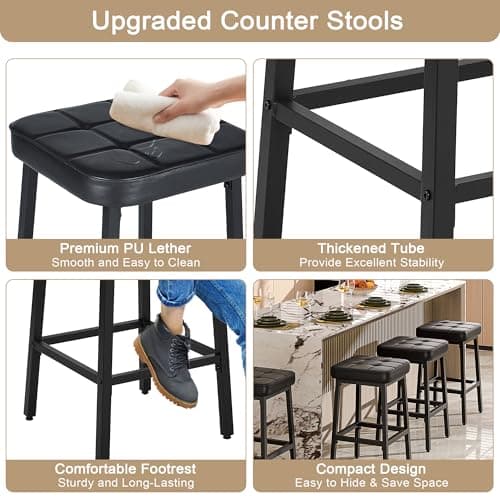 VECELO Modern 24" PU Leather Bar Stools, Black, Counter Height Set of 2