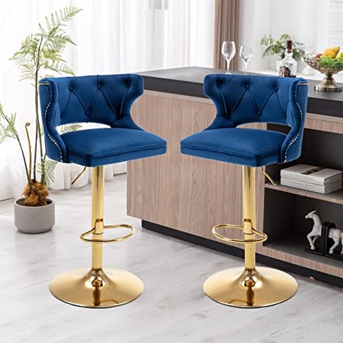 i-POOK Velvet Bar Stools Set of 2 with Nailheads Trim and Golden Footrest, Grey Color